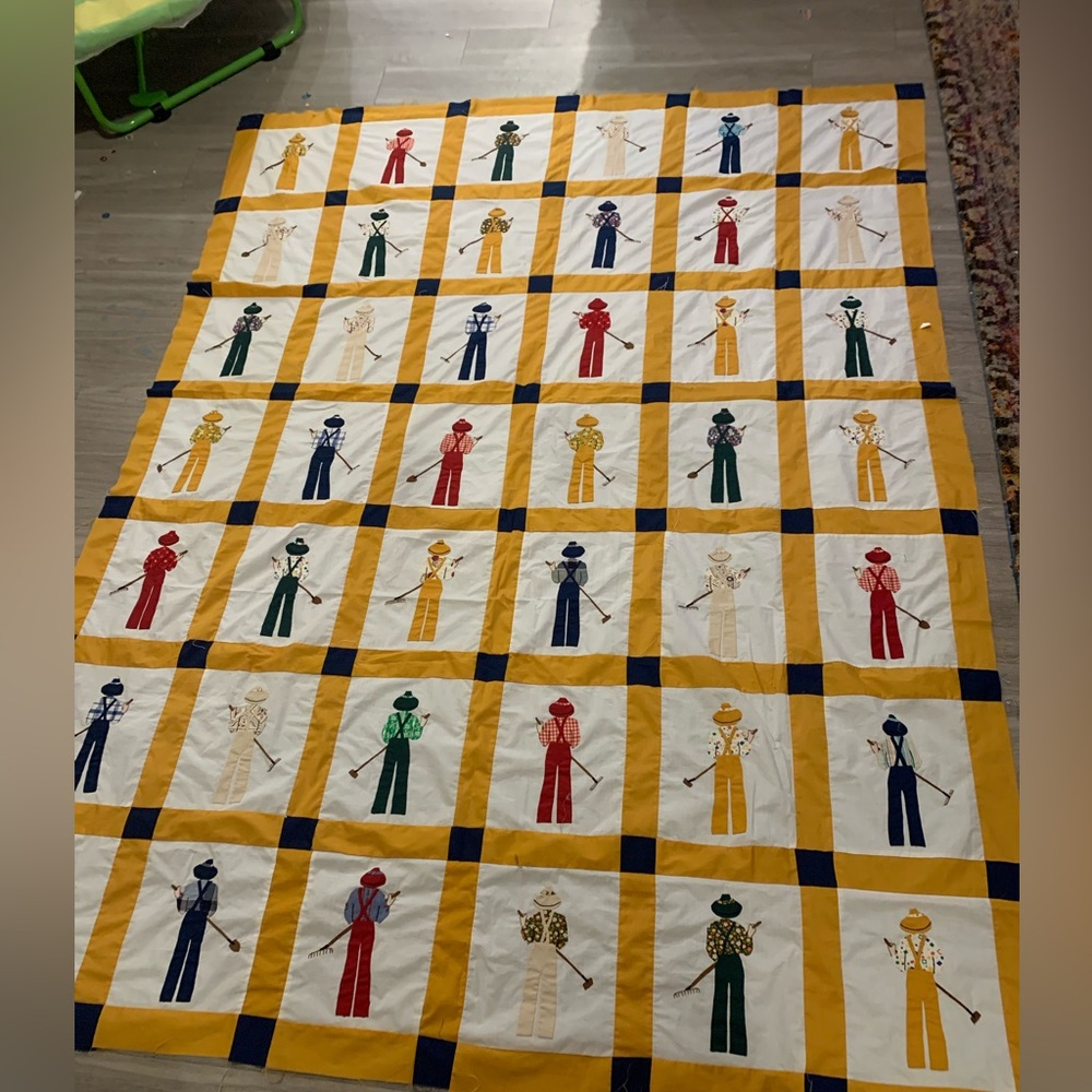 Vintage Handmade Farmer Gardner Quilt Top Hand Embroidery Hand Stitched 75”x100”